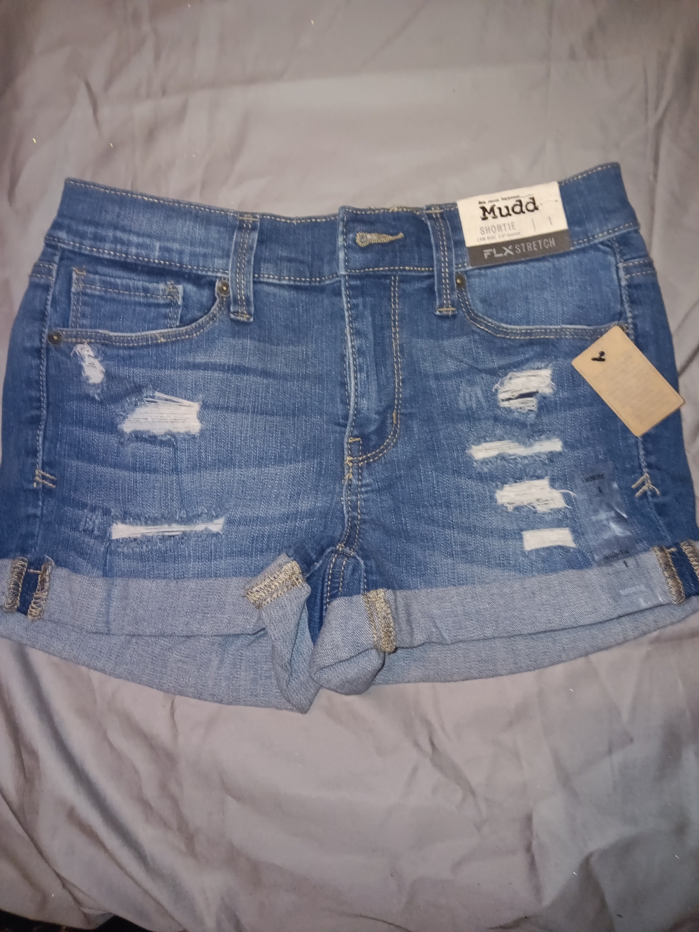Mudd Distressed Flex Stretch Rolled-Hem Denim Shorts - Blue